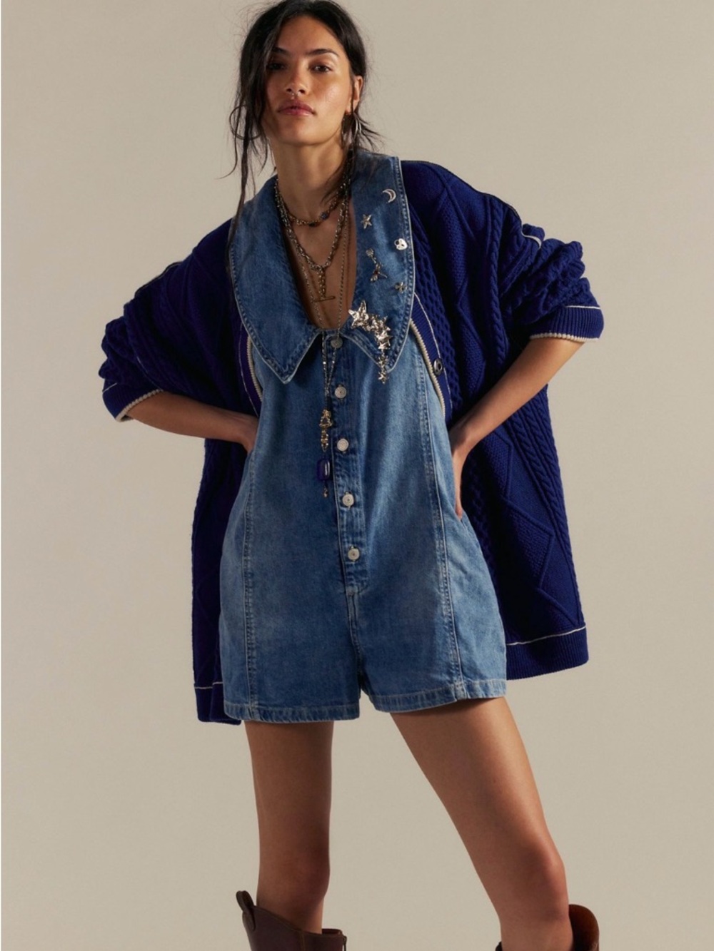 We The Free Free People Dover Playsuit Denim Romper Candy Blue NWT size XL - Picture 6 of 7